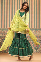 Juniper Green Geometric Printed Shantoon Slub Kurta Sharara & Dupatta Set With Lace Work | Grocsy
