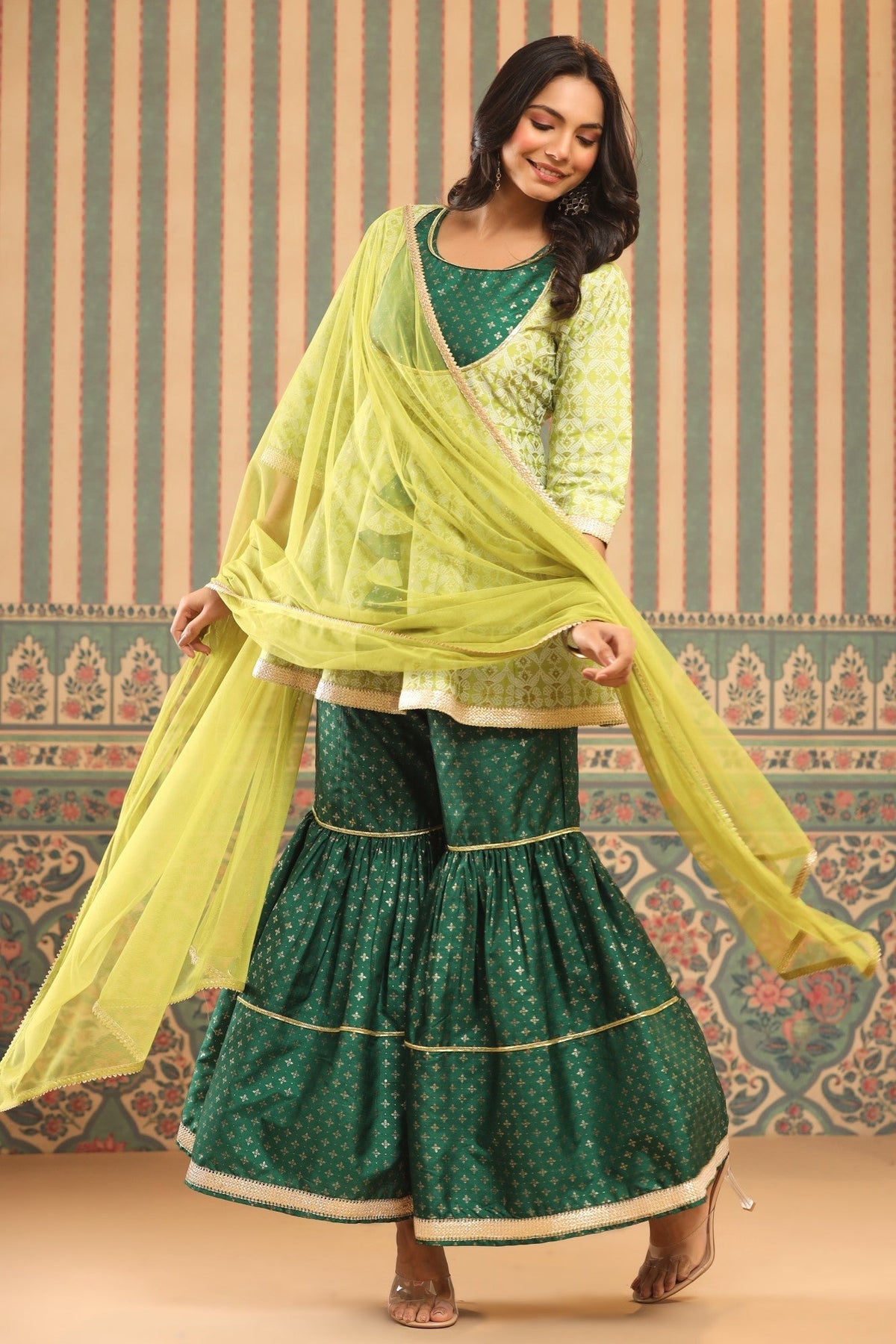 Juniper Green Geometric Printed Shantoon Slub Kurta Sharara & Dupatta Set With Lace Work | Grocsy
