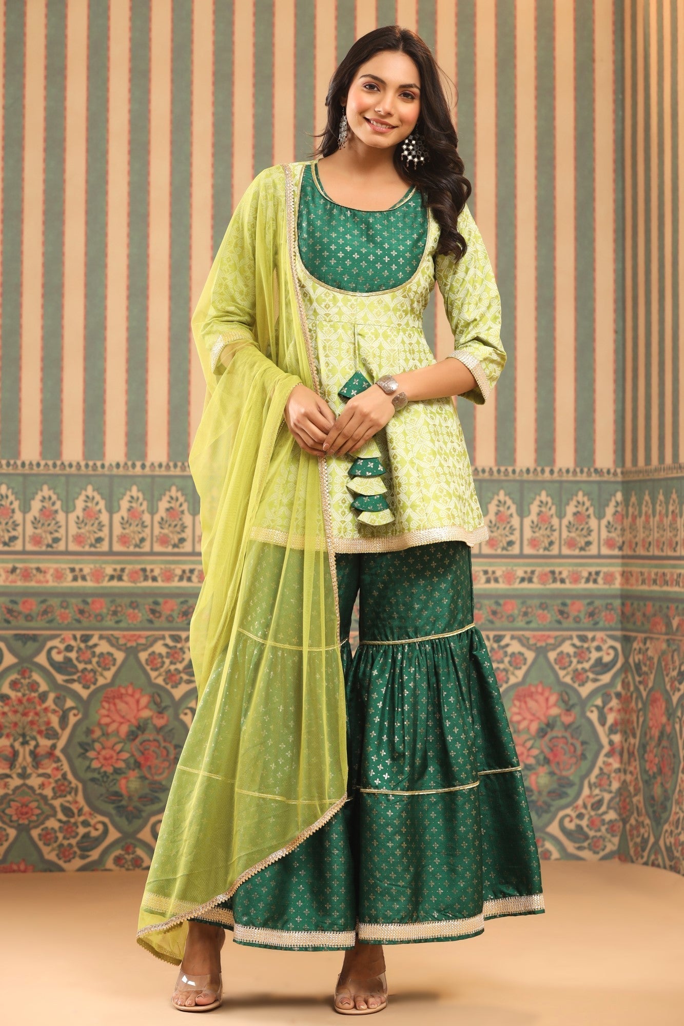 Juniper Green Geometric Printed Shantoon Slub Kurta Sharara & Dupatta Set With Lace Work | Grocsy