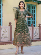 Juniper Women's Olive Green Ethnic Motif Printed Chanderi Dress With Sequins & Zari Work | Grocsy