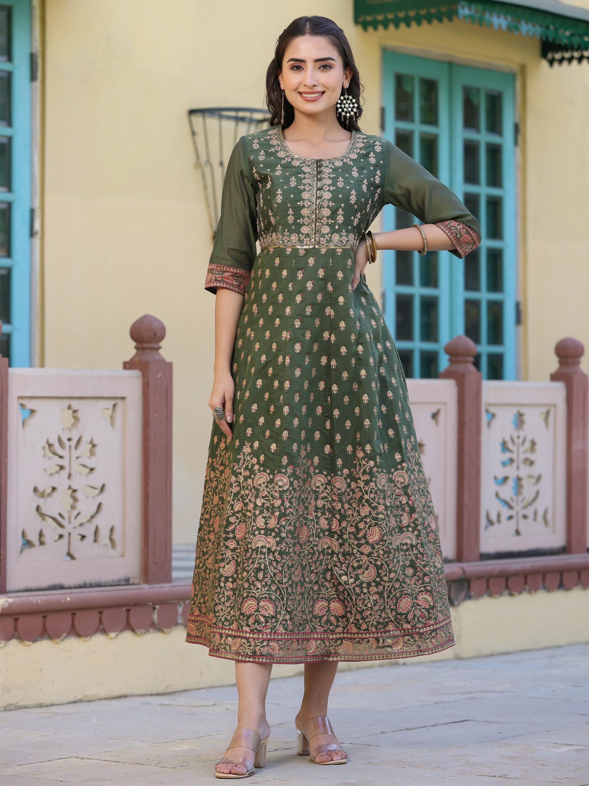 Juniper Women's Olive Green Ethnic Motif Printed Chanderi Dress With Sequins & Zari Work | Grocsy