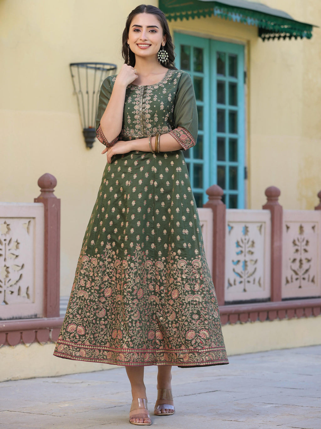 Juniper Women's Olive Green Ethnic Motif Printed Chanderi Dress With Sequins & Zari Work | Grocsy