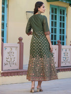 Juniper Women's Olive Green Ethnic Motif Printed Chanderi Dress With Sequins & Zari Work | Grocsy