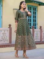 Juniper Women's Olive Green Ethnic Motif Printed Chanderi Dress With Sequins & Zari Work | Grocsy