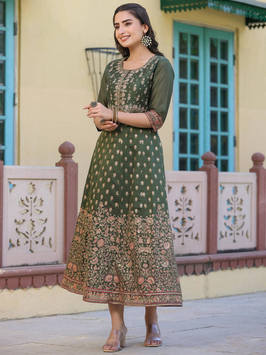 Juniper Women's Olive Green Ethnic Motif Printed Chanderi Dress With Sequins & Zari Work | Grocsy