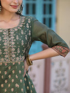 Juniper Women's Olive Green Ethnic Motif Printed Chanderi Dress With Sequins & Zari Work | Grocsy