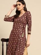 All About You Women Brown & Golden Ethnic Motifs Printed Gotta Patti Kurta | Grocsy