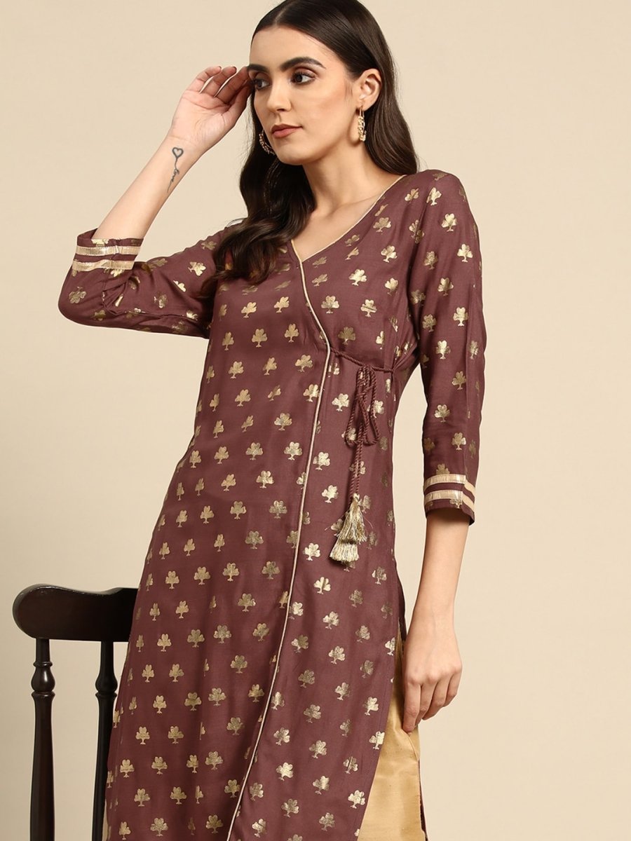 All About You Women Brown & Golden Ethnic Motifs Printed Gotta Patti Kurta | Grocsy