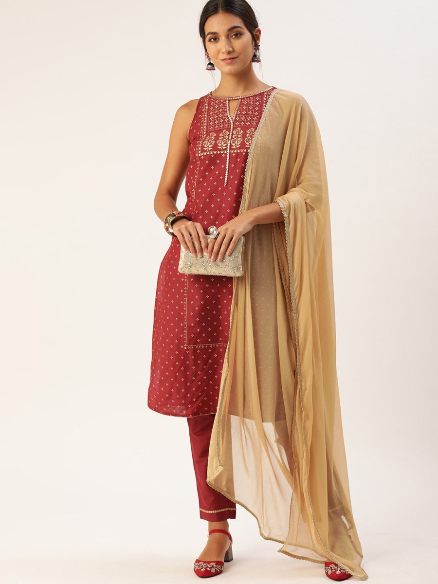 All About You Women Red Ethnic Motifs Printed Kurta with Trousers & With Dupatta | Grocsy