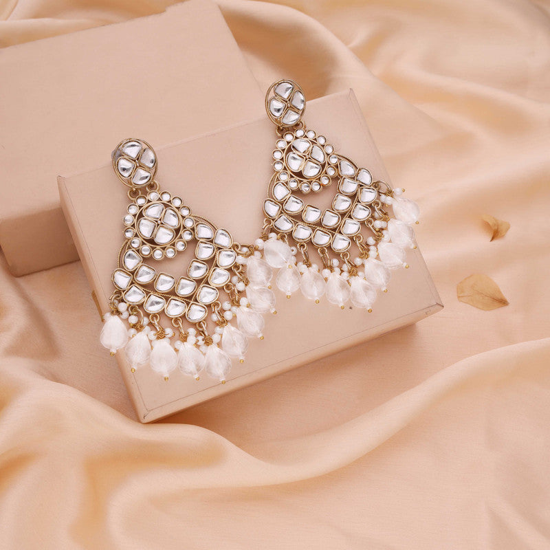 Tehzeeb Creations Gold Polish Kundan White Colour Earrings | Grocsy