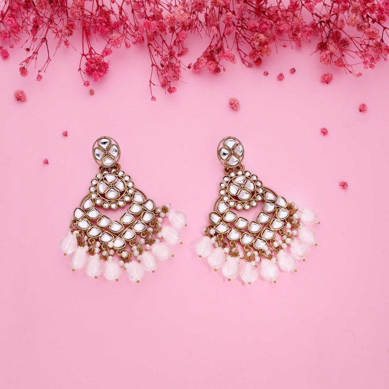 Tehzeeb Creations Gold Polish Kundan White Colour Earrings | Grocsy