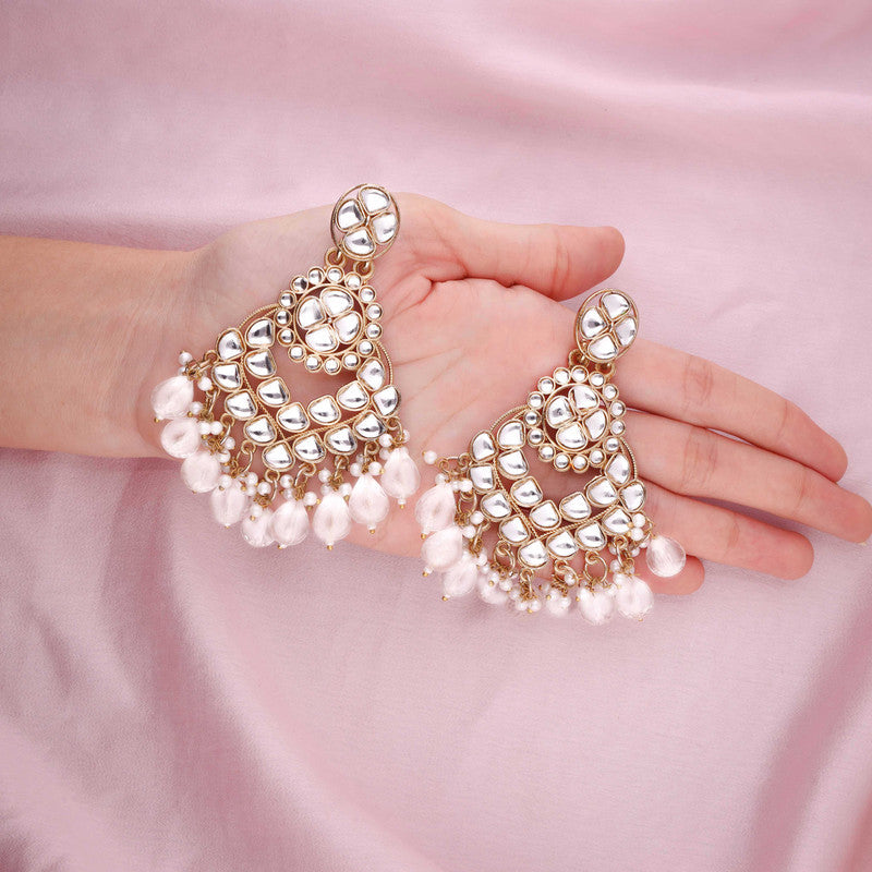 Tehzeeb Creations Gold Polish Kundan White Colour Earrings | Grocsy