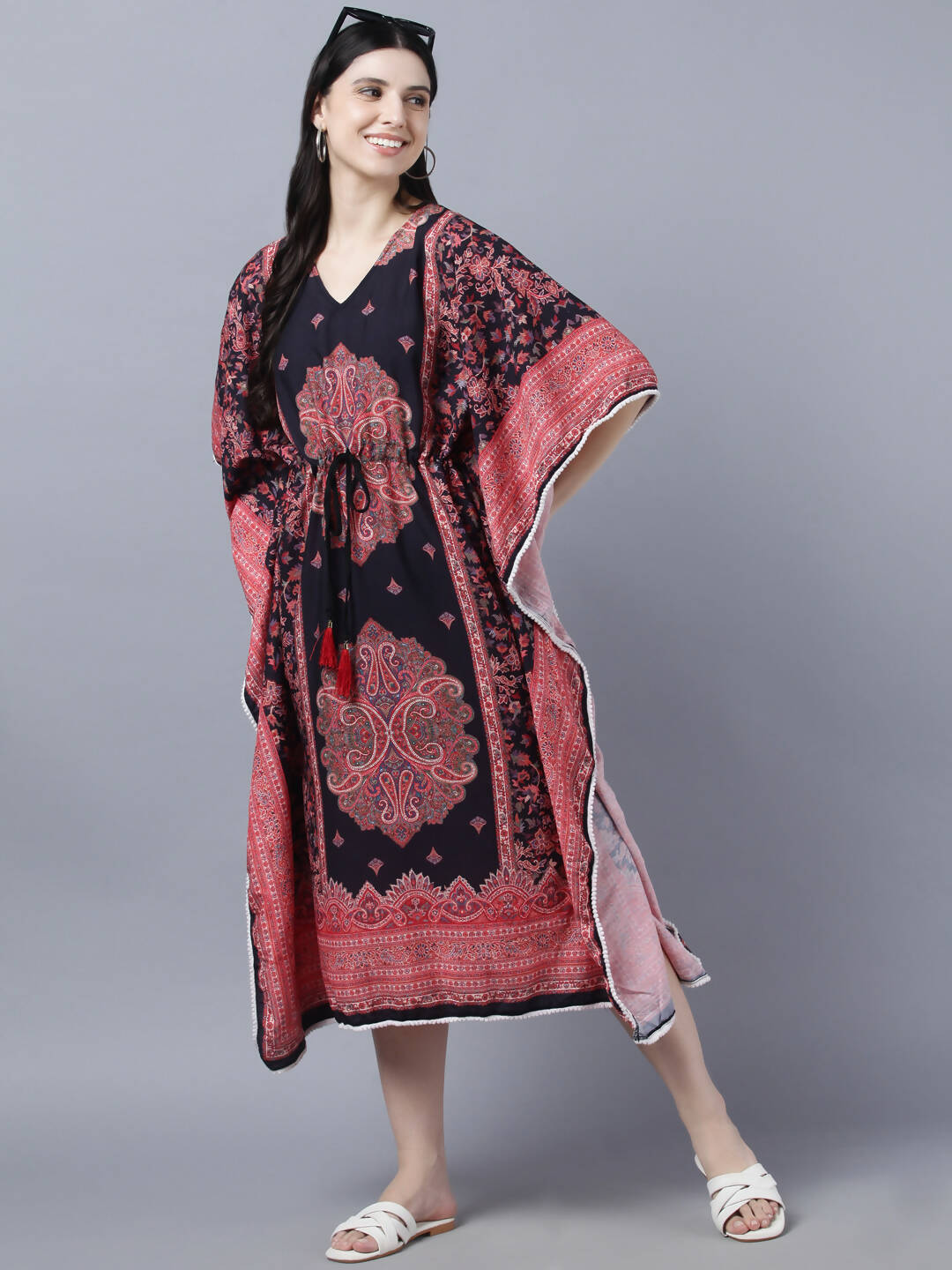 Myshka Peach-Coloured Purple Floral Kaftan Midi Dress | Grocsy