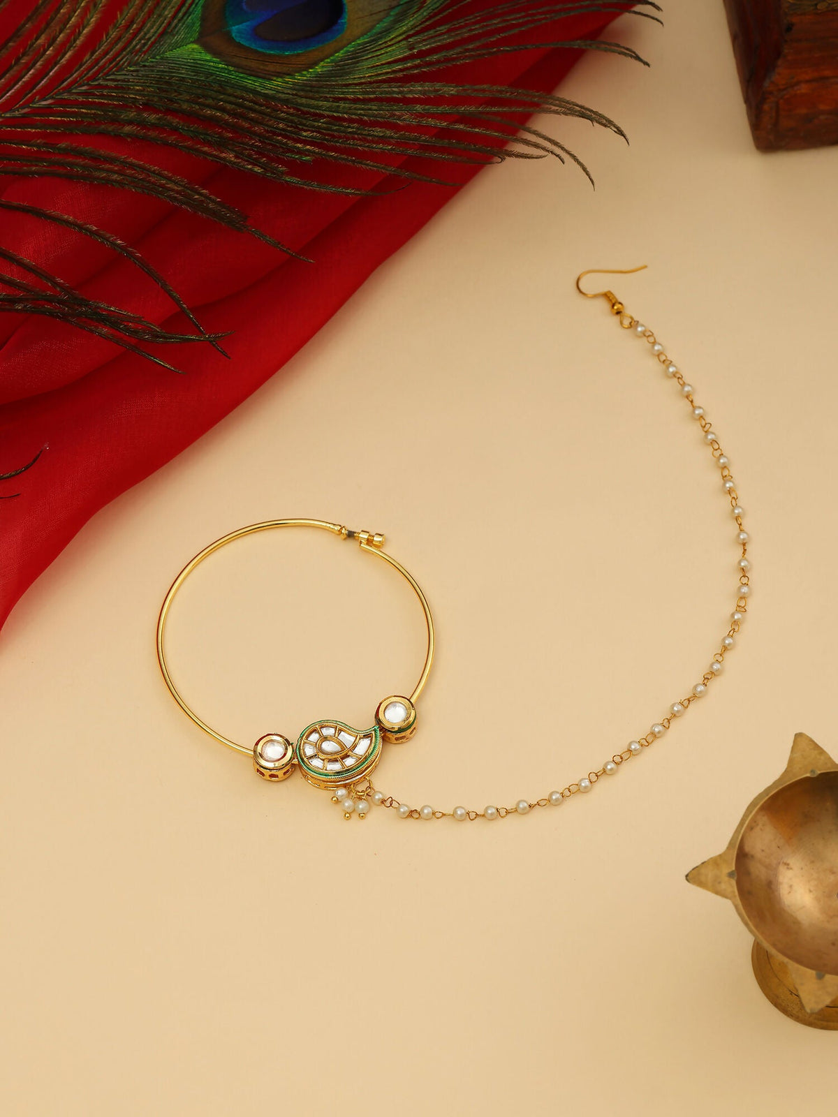 Ruby Raang 22k Gold Polished Kundan Maharani Nose Ring (Clip On) | Grocsy