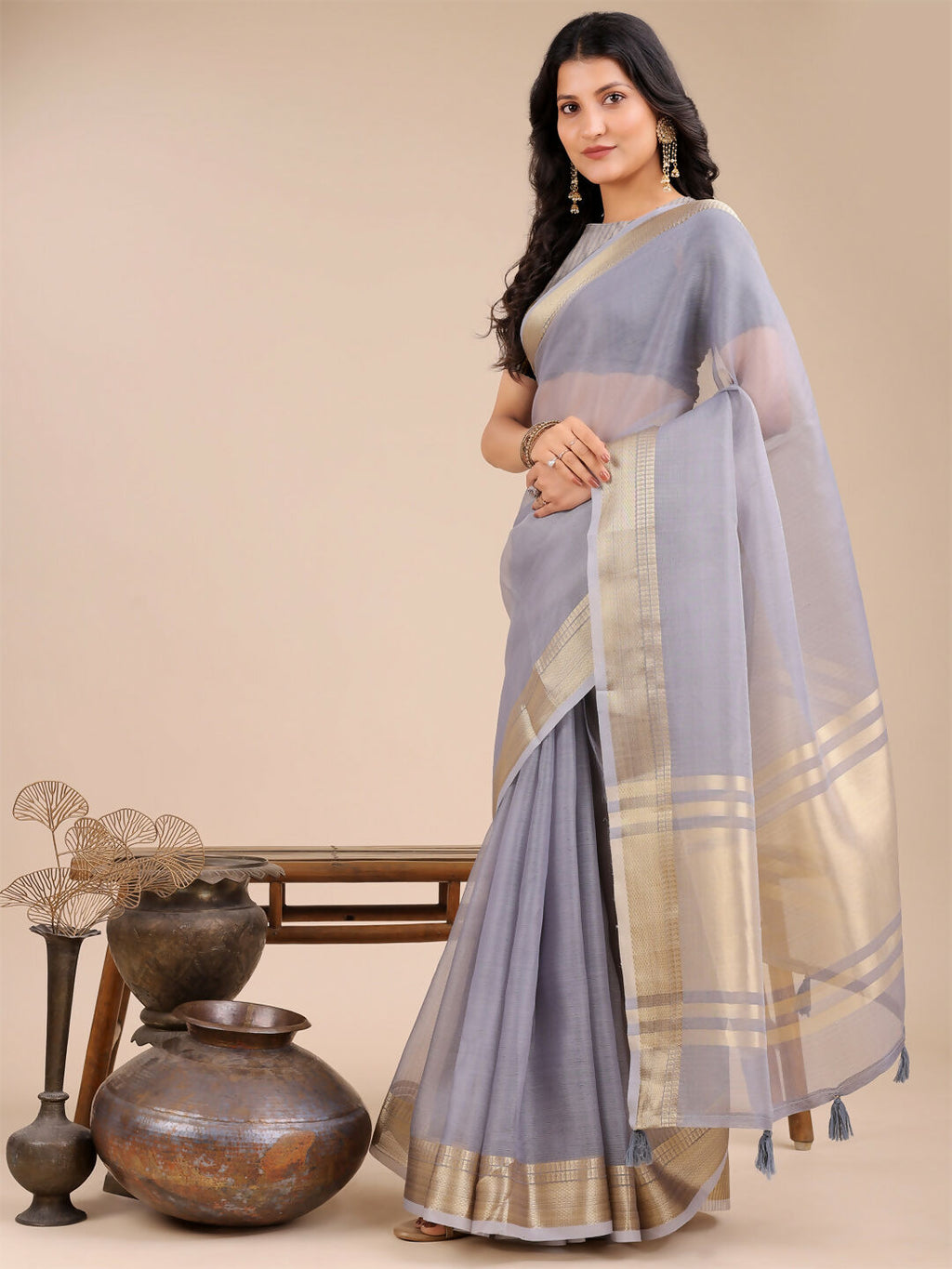 Shree Shyam Fashion Seoul Grey Organza Saree | Grocsy