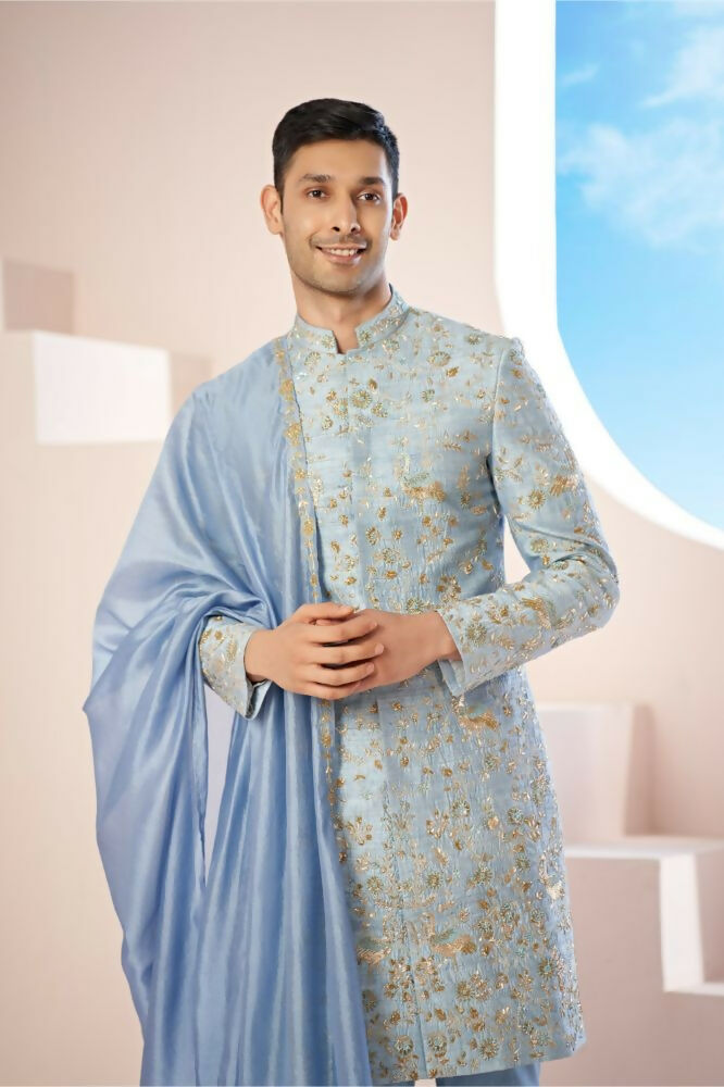 Majestic Blue Sherwani With Intricate Gold Crane And Floral Hand Embroidery. by Hilo Design | Grocsy