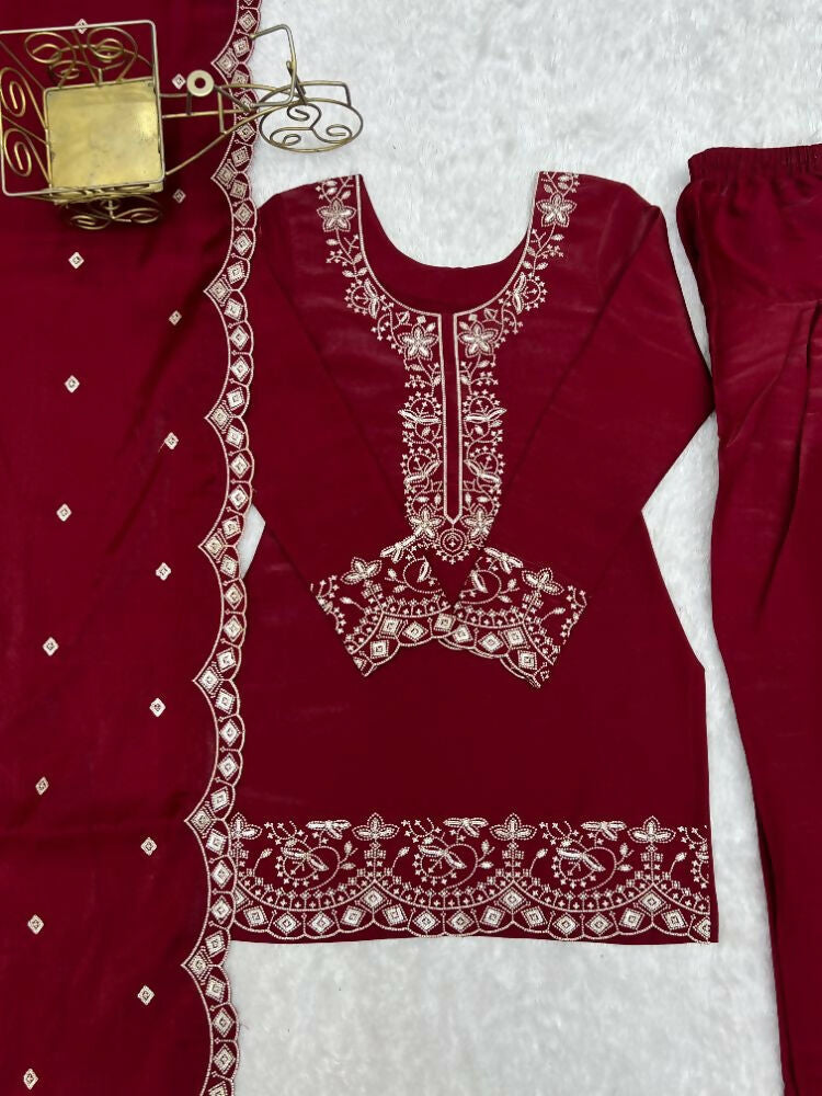 Teeya Creation Deep Red Silk Embroidered Kurta Salwar Suit Set With Scalloped Dupatta | Grocsy