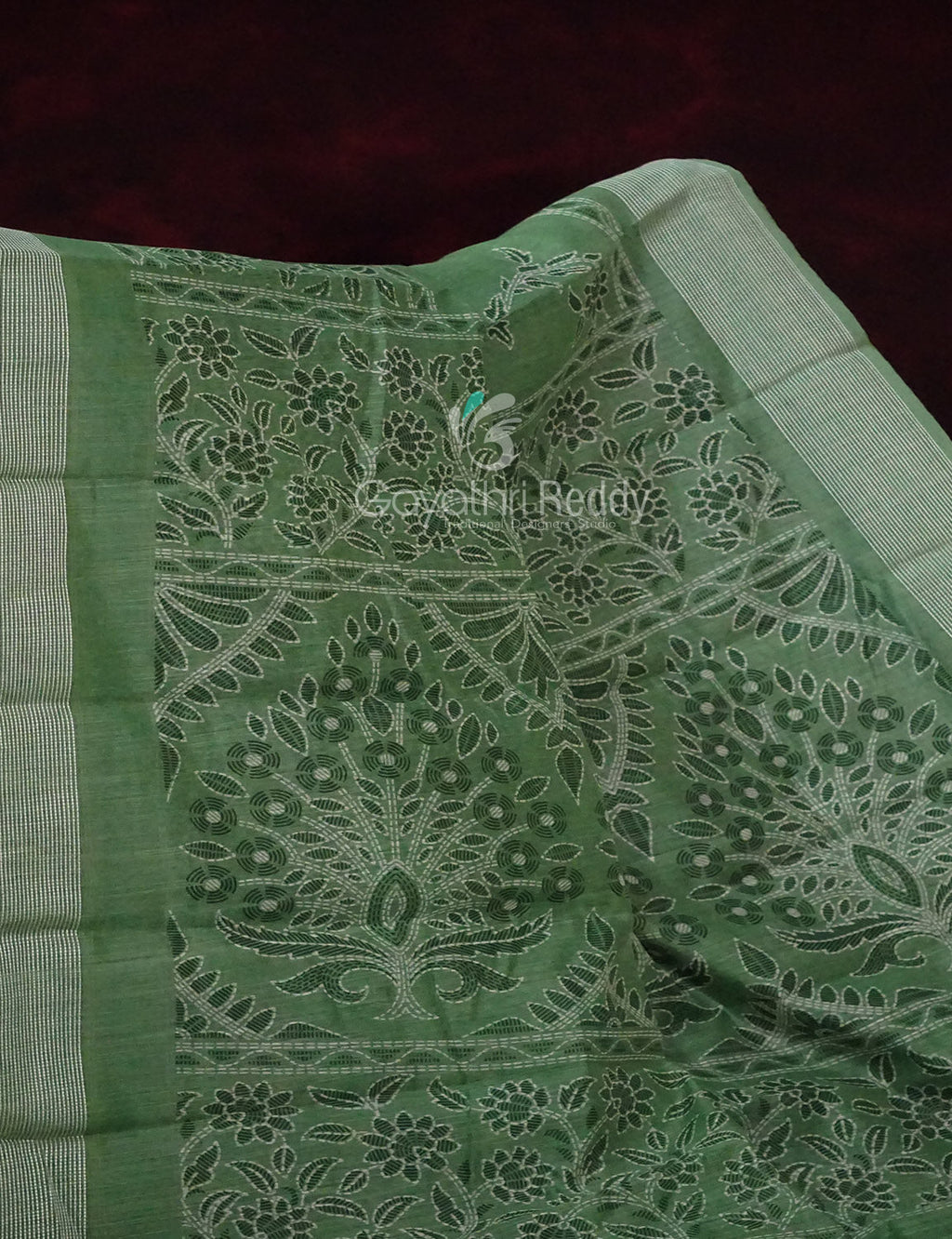 Leaf Green Coloured Block Print Semi Chanderi Saree By Gayathri Reddy Designer Studio | Grocsy
