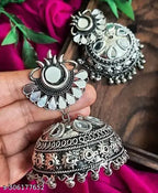 Tehzeeb Creations Women's Silver Colour Oxidised Earrings With Mirror Work | Grocsy