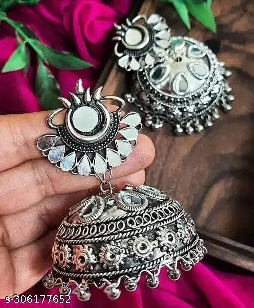 Tehzeeb Creations Women's Silver Colour Oxidised Earrings With Mirror Work | Grocsy
