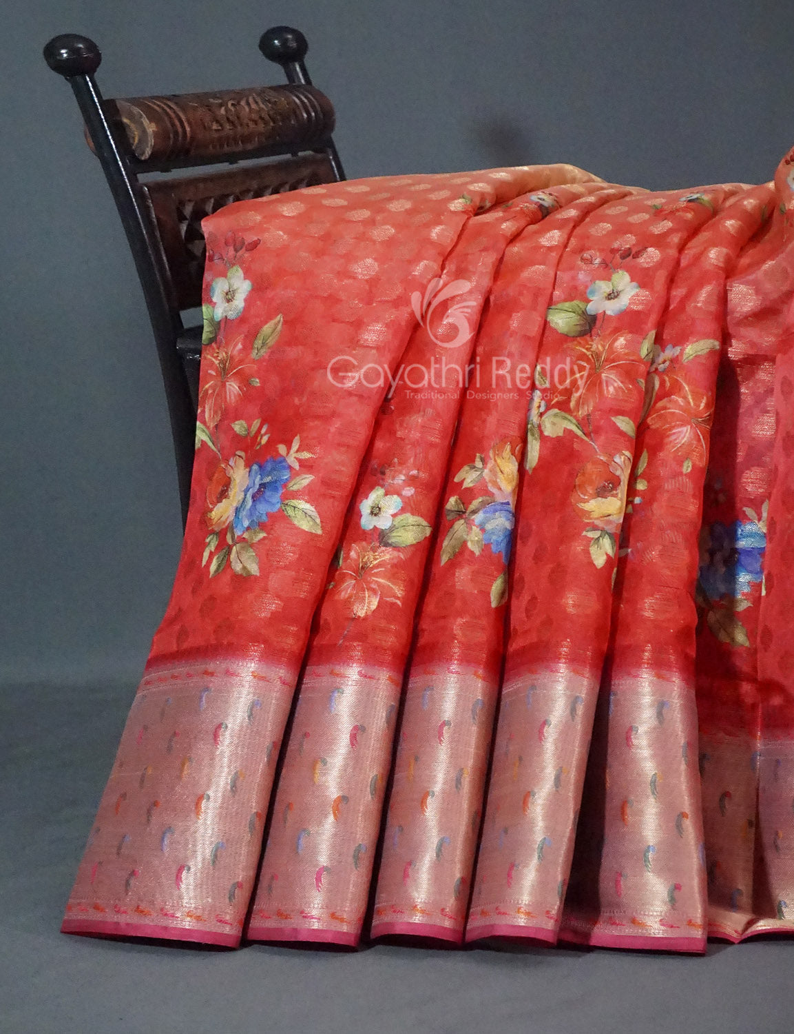 Shades of Red Colour Floral Design Banaras Semi Silk Saree By Gayathri Reddy Designer Studio | Grocsy