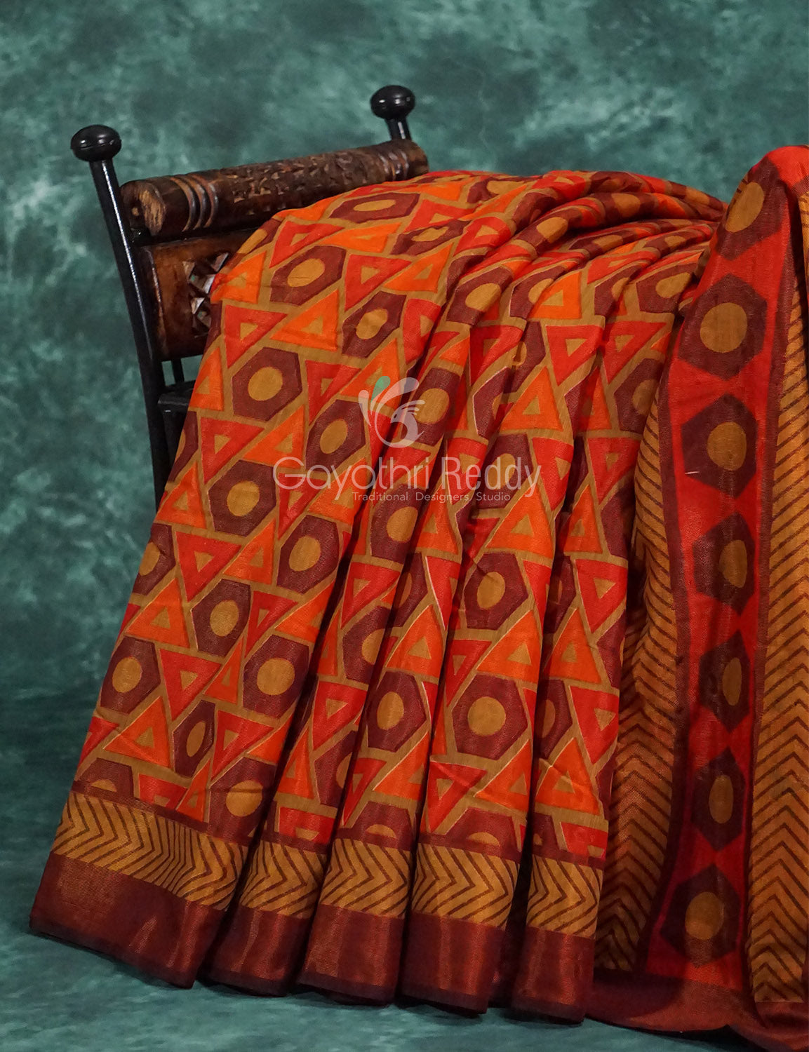 Orange and brown mix geometrical print Semi Chanderi Saree. By Gayathri Reddy Designer Studio | Grocsy
