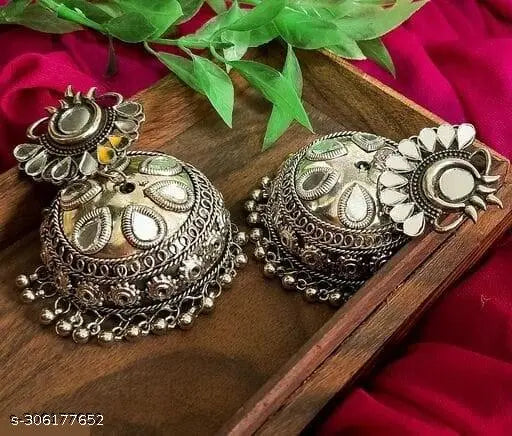 Tehzeeb Creations Women's Silver Colour Oxidised Earrings With Mirror Work | Grocsy