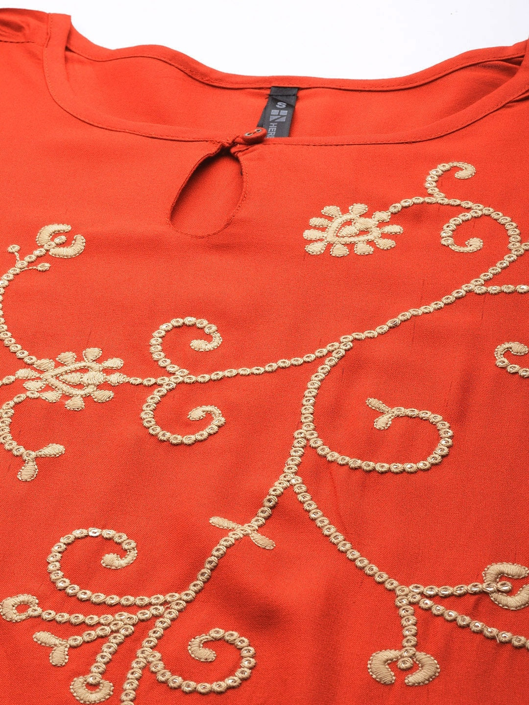 HERE&NOW Mirror Work Embroidered Keyhole Neck Asymmetric Dipped Hem Kurta | Grocsy