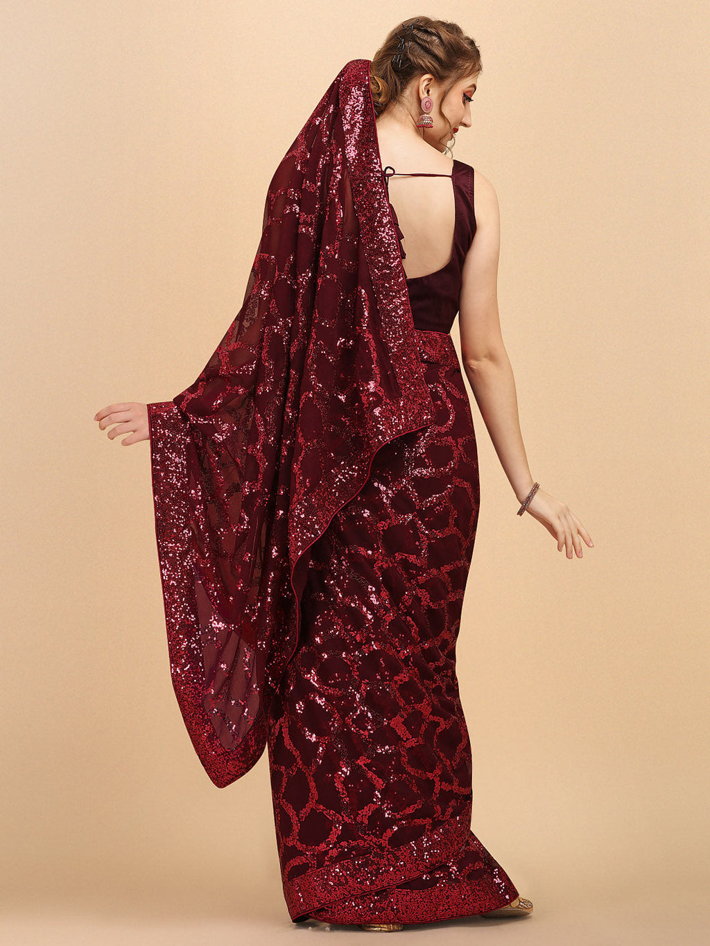 Sangria Burgundy Sequinned Pure Georgette Heavy Work Saree | Grocsy