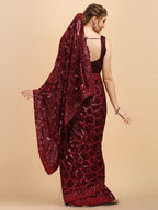 Sangria Burgundy Sequinned Pure Georgette Heavy Work Saree | Grocsy