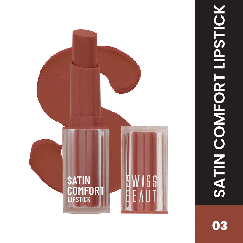 Swiss Beauty Satin Comfort Smooth Glide, Highly Pigmented , Ultra Hydrating Lipstick - 3 Roasted Brown | Grocsy