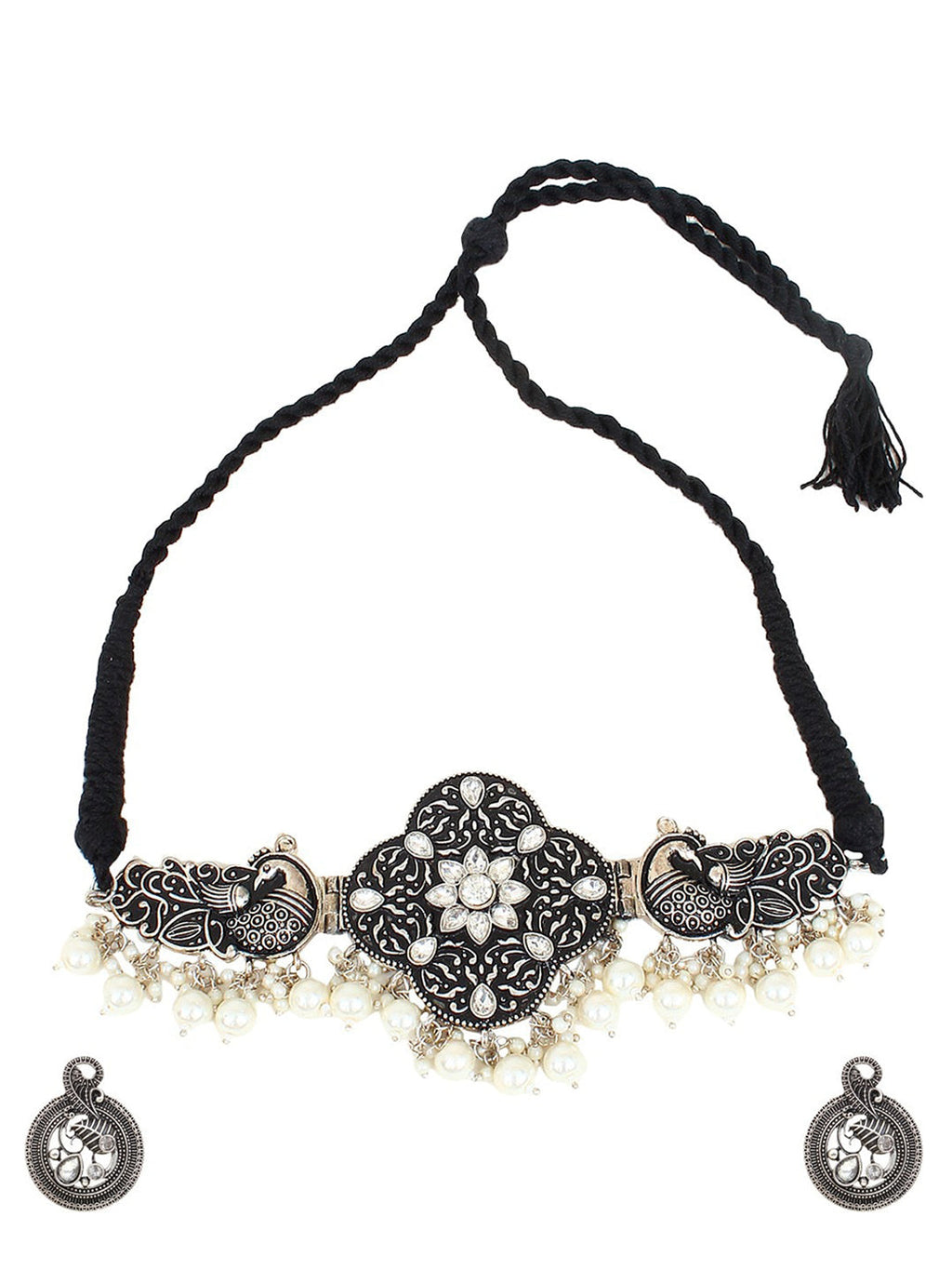 Cardinal Silver-Toned Black Colored Oxidized Choker Jewellery Set | Grocsy