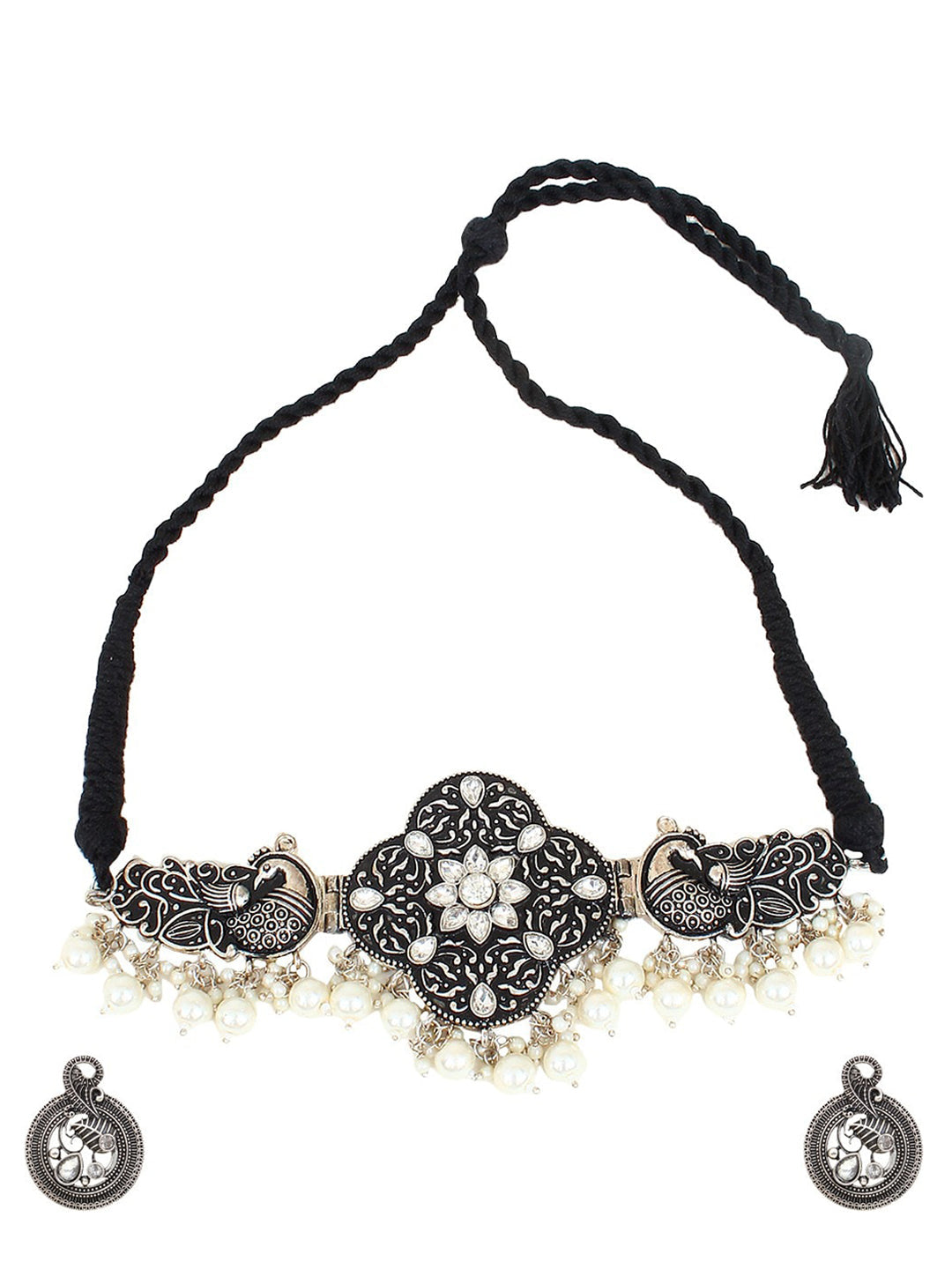 Cardinal Silver-Toned Black Colored Oxidized Choker Jewellery Set | Grocsy