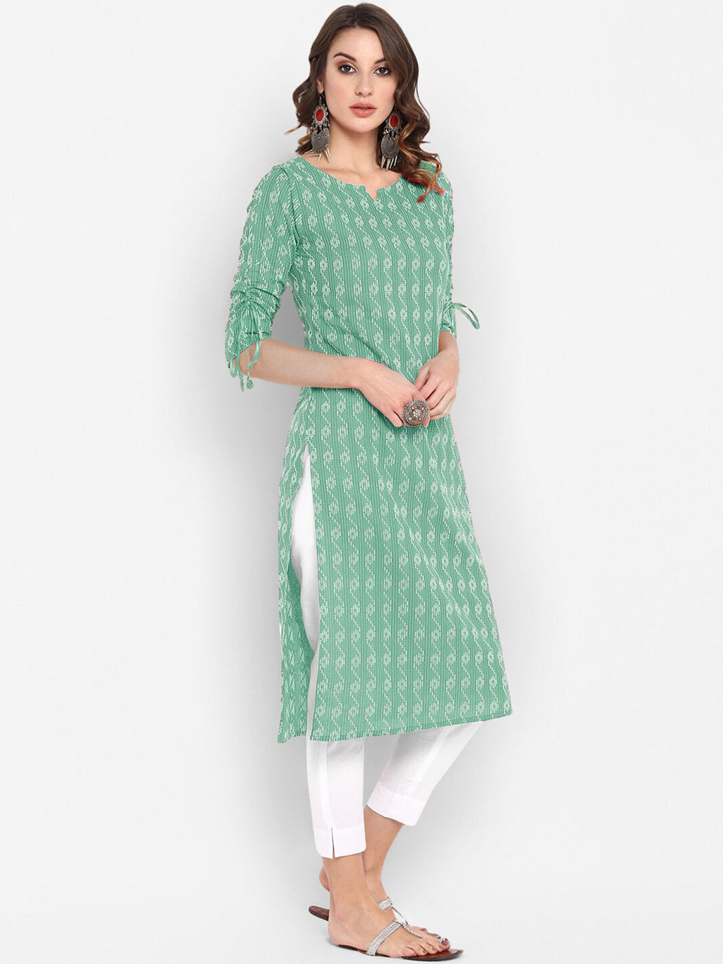 Janasya Women Green Geometric Printed Cotton Kurta | Grocsy