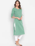 Janasya Women Green Geometric Printed Cotton Kurta | Grocsy