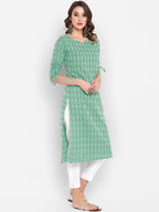 Janasya Women Green Geometric Printed Cotton Kurta | Grocsy