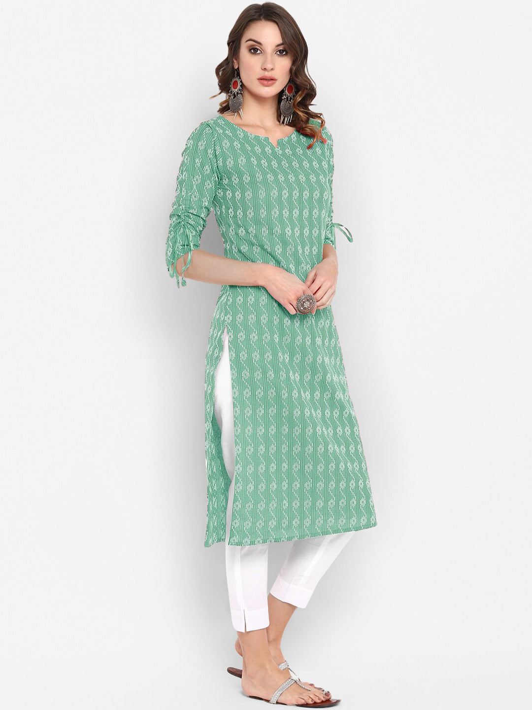 Janasya Women Green Geometric Printed Cotton Kurta | Grocsy