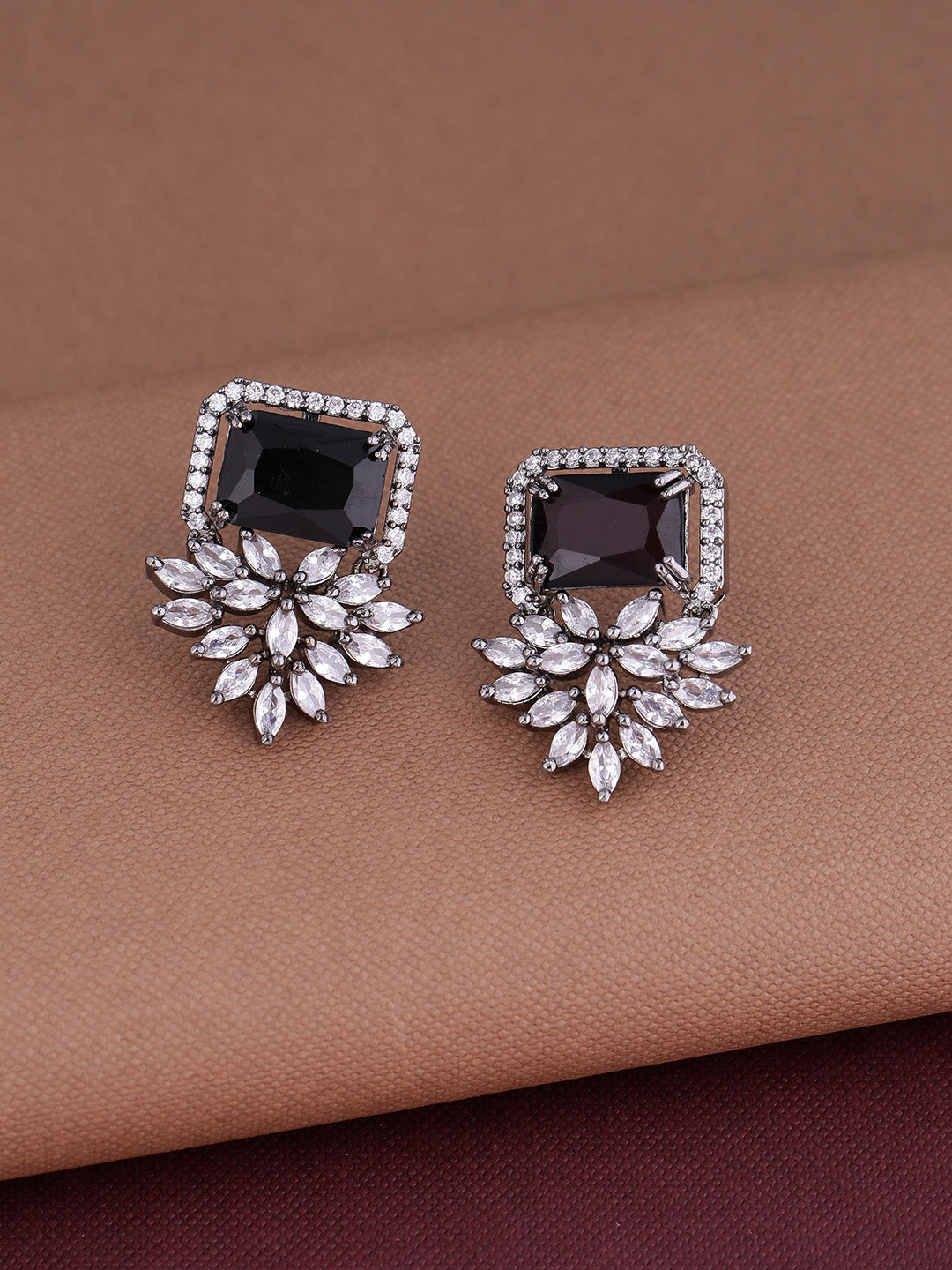 Shoshaa Silver-Plated & Black CZ Studded Contemporary Drop Earrings | Grocsy