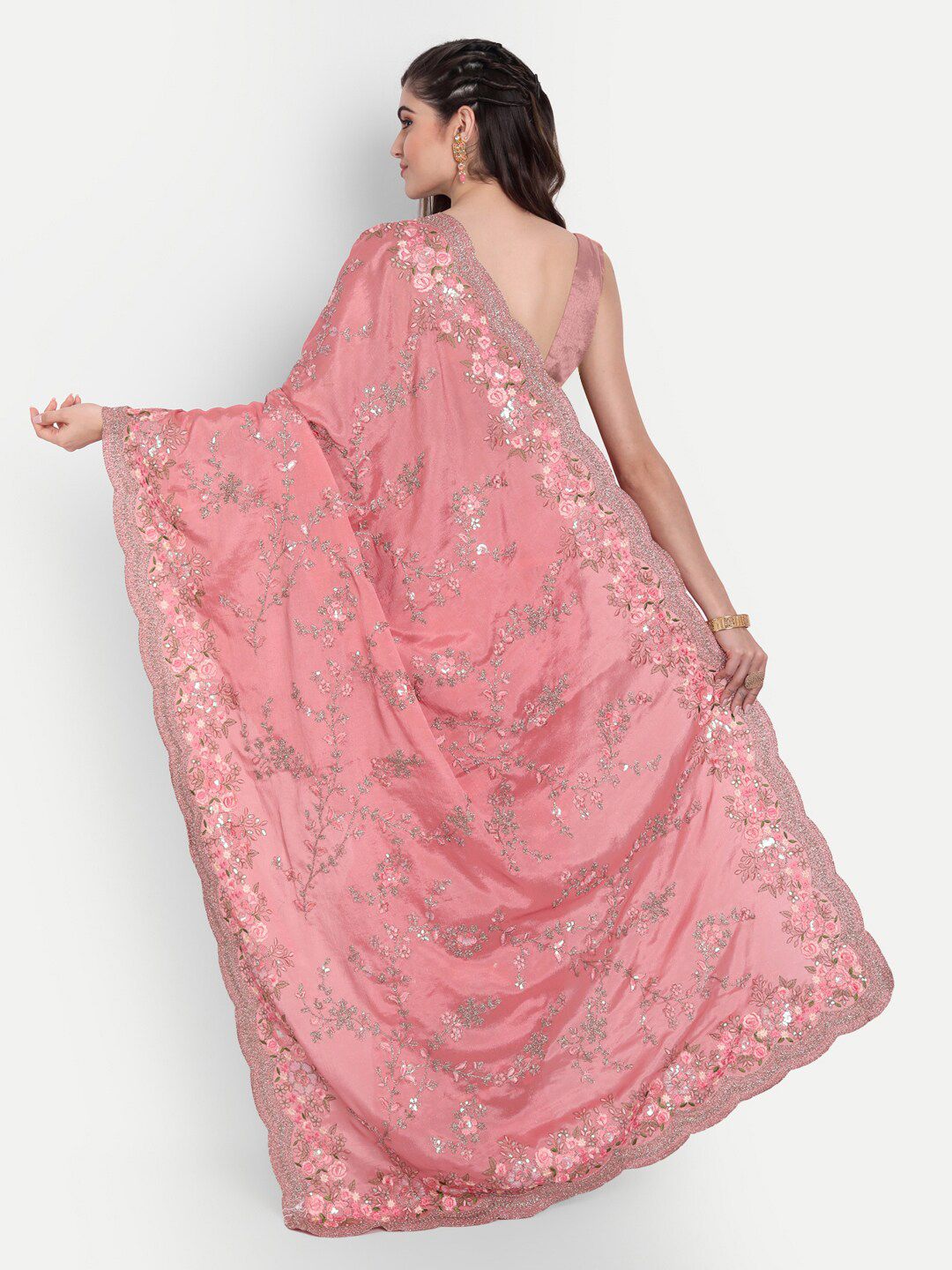 kasee Pink & Green Floral Sequinned Pure Chiffon Saree | Grocsy