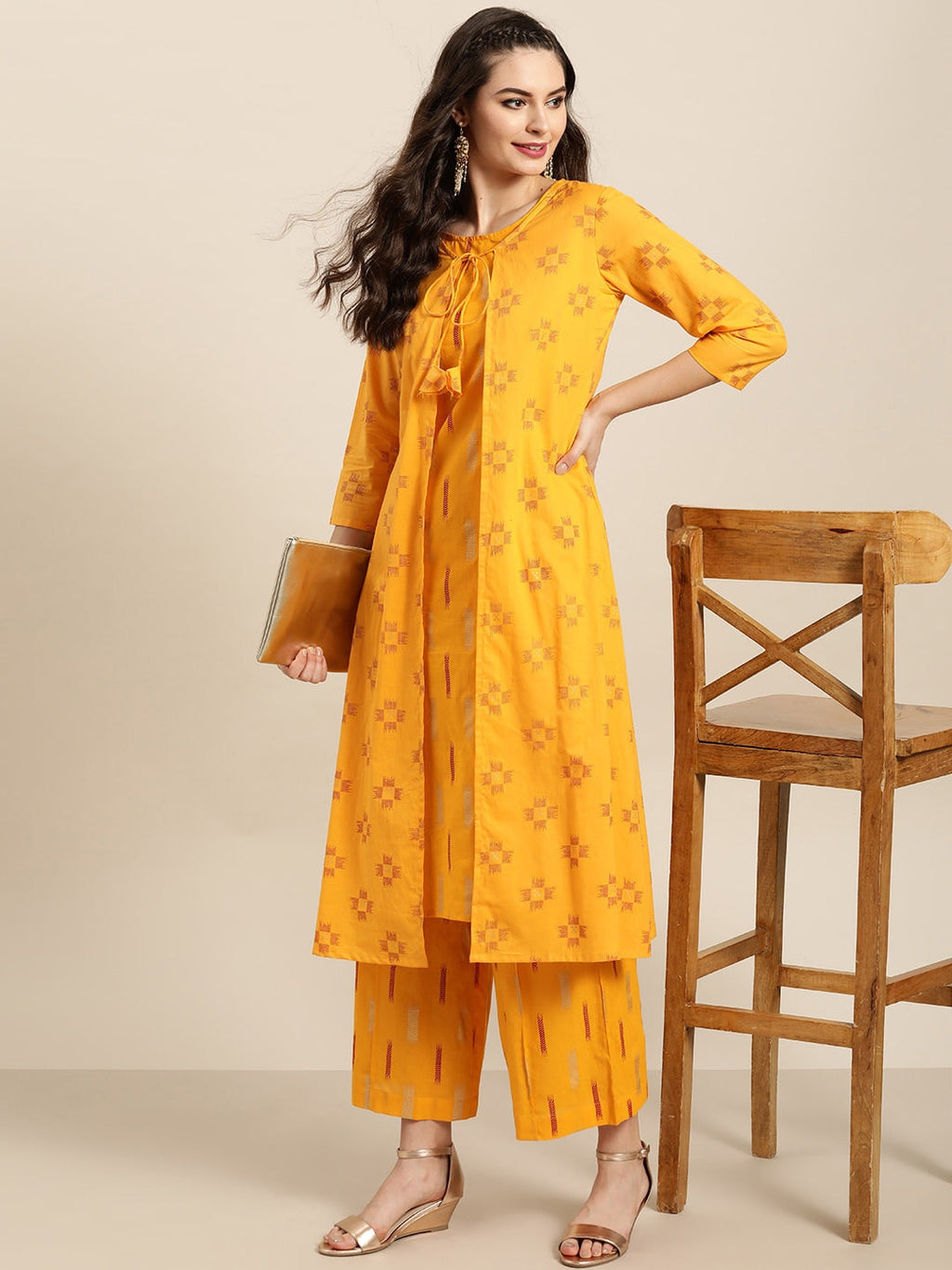 Sangria Women Mustard Yellow & Red Pure Cotton Printed Kurta with Palazzos | Grocsy