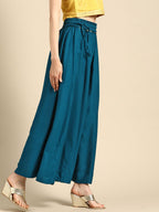 TAG 7 Women Teal Blue Solid Flared Palazzos | Grocsy