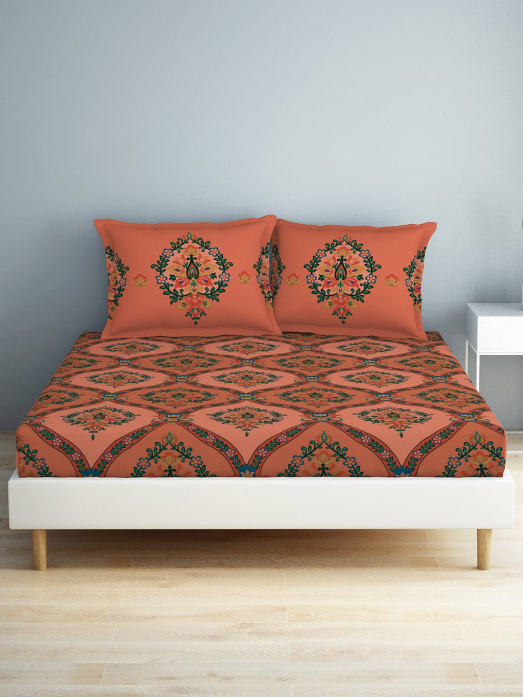 SPACES Aurum Peach Ethnic Motifs Pure Cotton 140 TC Queen Bedsheet with 2 Pillow Covers | Grocsy