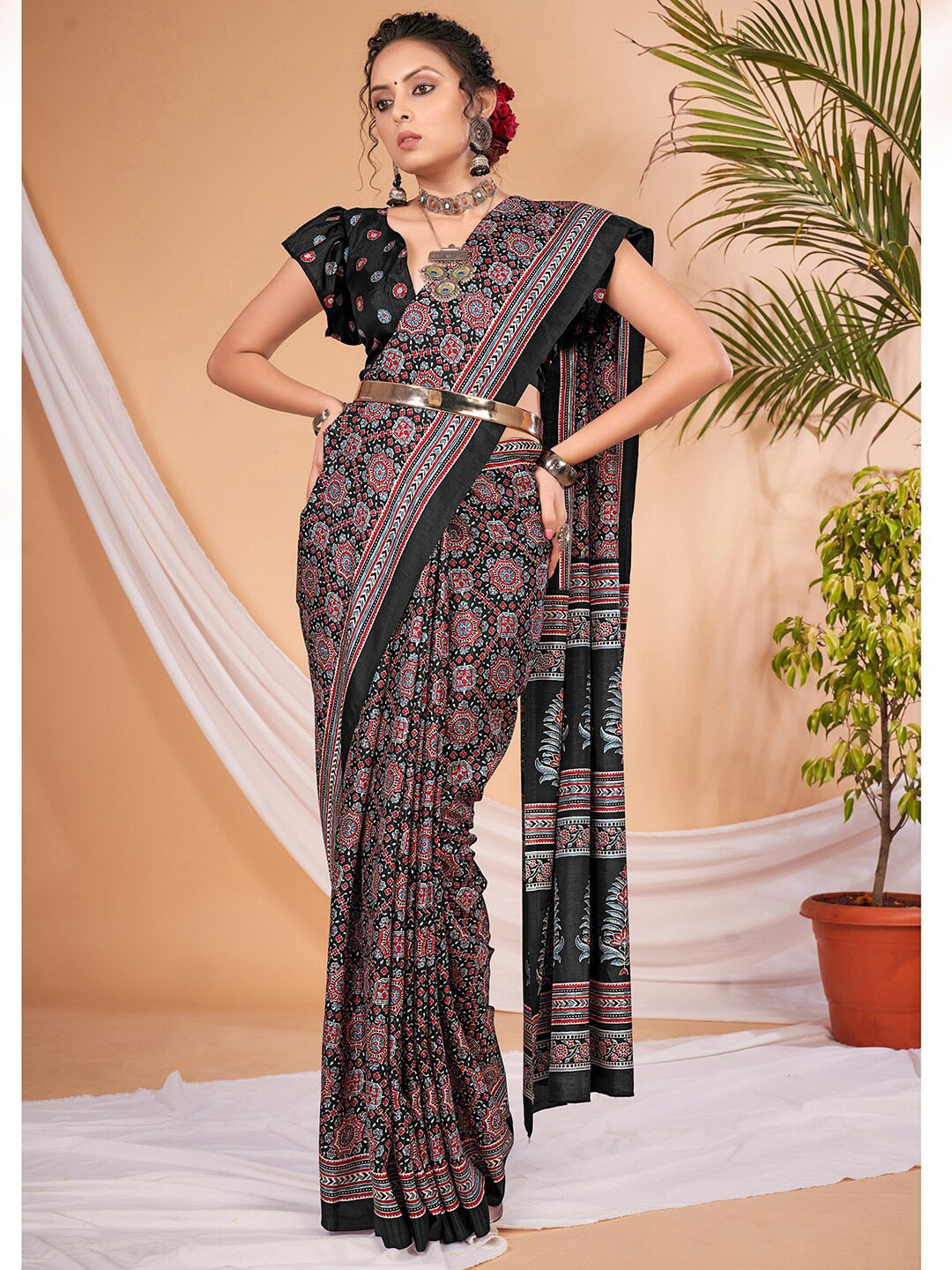 Saree Mall Ajrakh Silk Blend Block Print Sarees | Grocsy