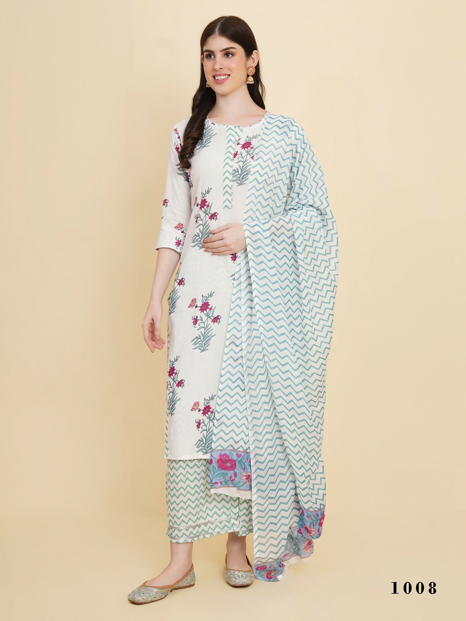 Designer Stylish white Cotton Stitched Suit With Dupatta - Tanisha | Grocsy