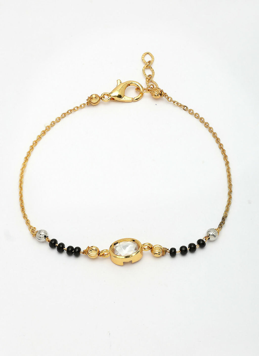 NVR Women Gold-Polished & Black Brass Stone-Studded Hand Mangalsutra Link Bracelet | Grocsy