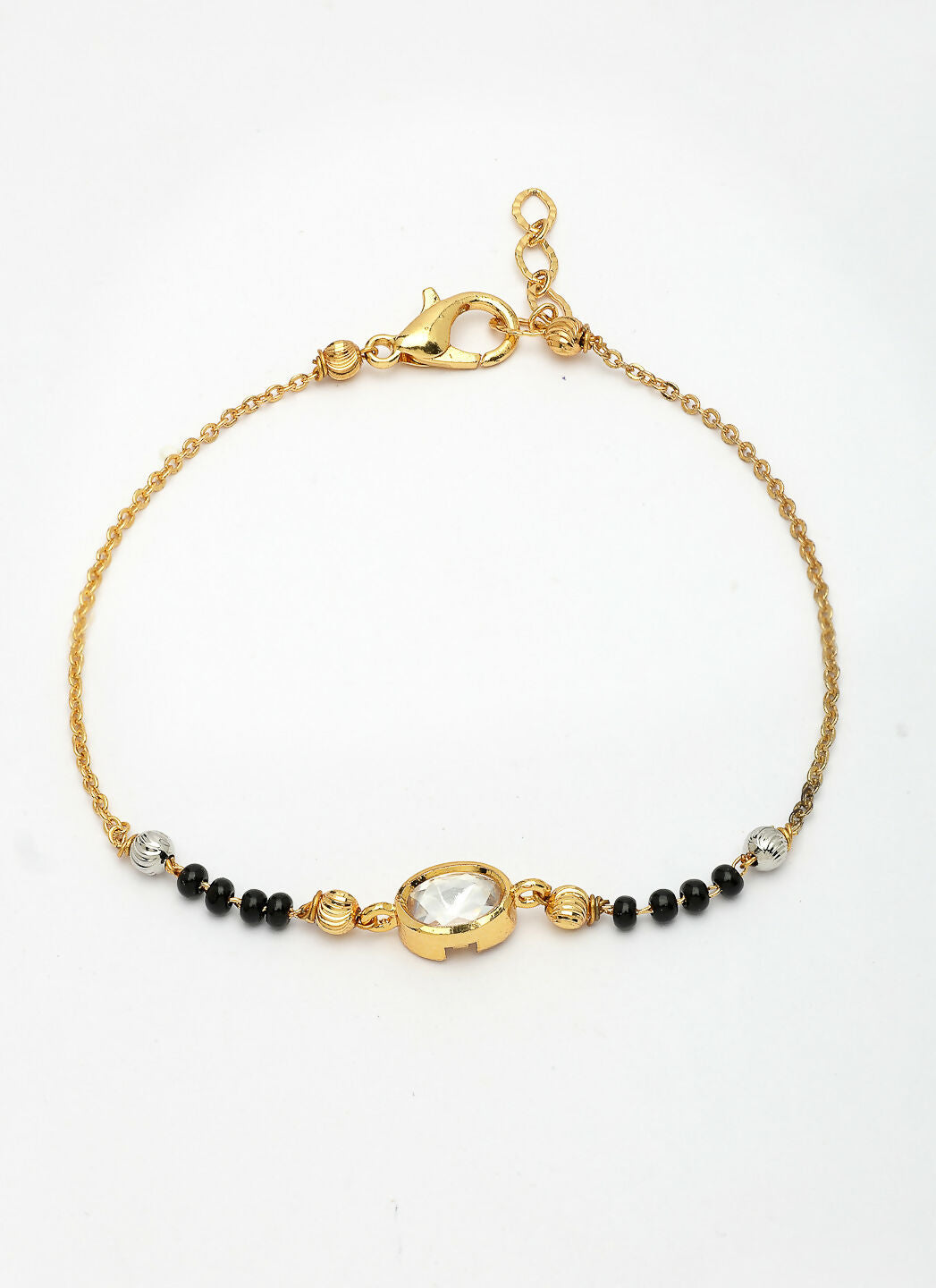 NVR Women Gold-Polished & Black Brass Stone-Studded Hand Mangalsutra Link Bracelet | Grocsy