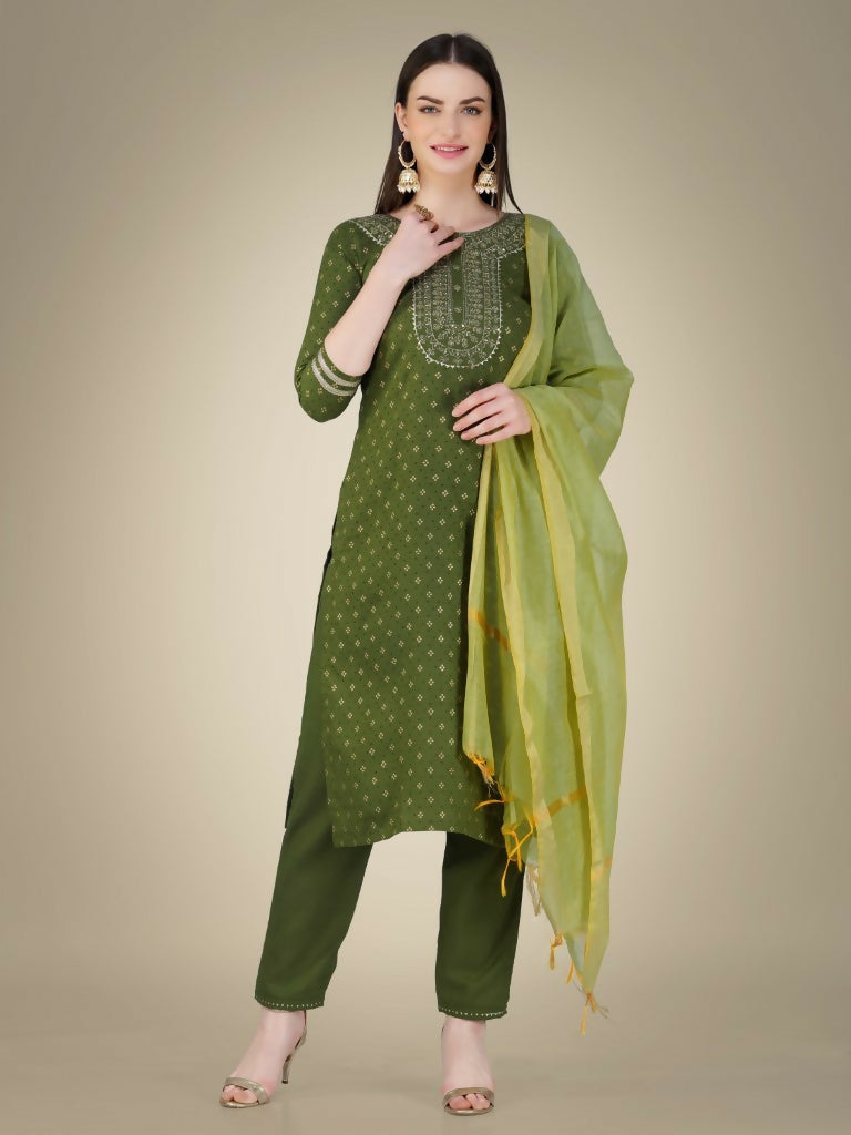 Jyoti Fashion Women's Mehendi Cotton Magic Slub Embroidery & Sequence work Kurta with Trouser & Dupatta | Grocsy