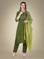 Jyoti Fashion Women's Mehendi Cotton Magic Slub Embroidery & Sequence work Kurta with Trouser & Dupatta | Grocsy