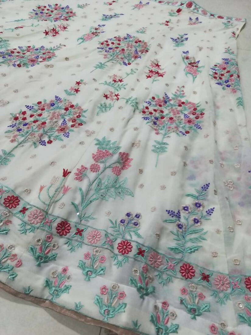 Jyoti Fashion Cream Thread Embroidery Georgette Designer Lehenga Choli with Dupatta | Grocsy