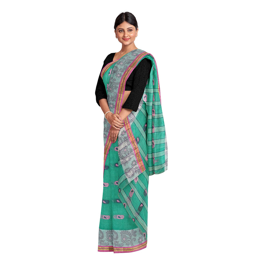 Exclusive Collection 100% Pure Cotton Green Tant Saree With Hand Weaving Work | Grocsy